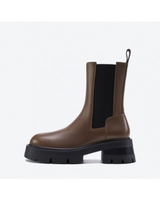 Fashion leather Chelsea boots women's mid-tube winter new brown ankle boots thick-soled thick-heeled chimney boots