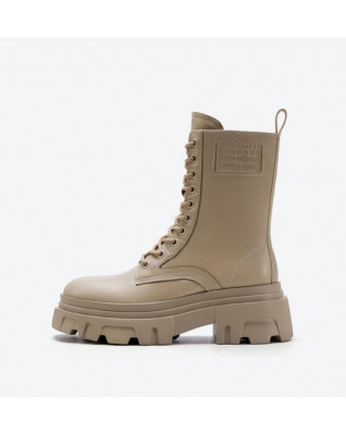 Leather thick-soled Martin boots British style winter new plus velvet sweet cool short boots mid-tube boots