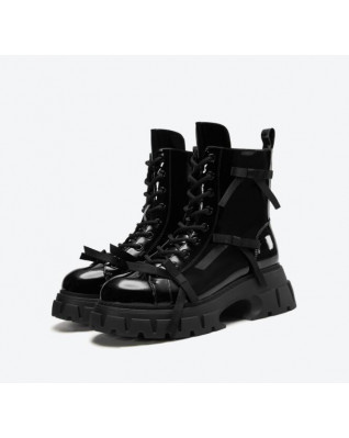 Retro patent leather bow thick bottom sweet cool Martin boots women's new black boots