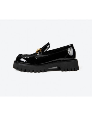 Patent leather thick-soled sponge cake British style loafers women's spring and autumn new black leather shoes
